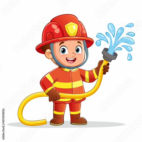 Cartoon firefighter boy spraying water from a hose