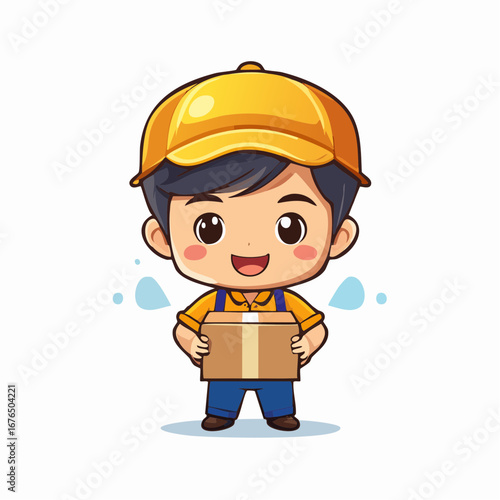 Charming Delivery Boy Mascot Holding a Cardboard Box