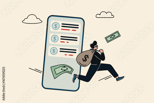 Call center fraud or scam stealing money from mobile banking application, fake phone call or financial crime, phishing or financial threat concept, scammer thief steal money from mobile banking app.