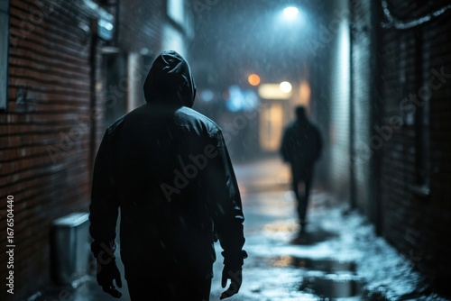 Man in Black Hoodie Walking Down Wet Alley at Night, Night scene with hood
