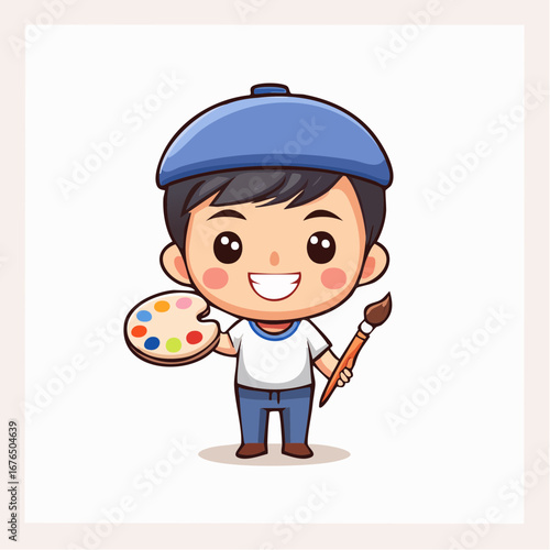 Cute cartoon artist boy with palette and brush ready to paint