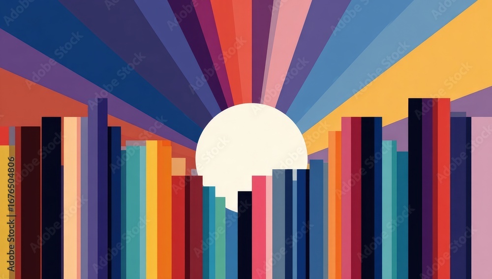 Fototapeta premium Colorful cityscape with a bright sunburst