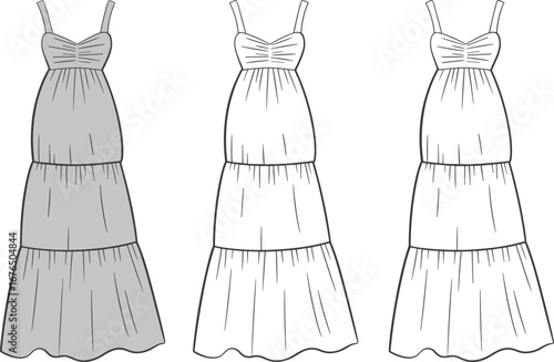 Fashion Flat Sketch of Tiered Maxi Dress with Spaghetti Straps and Ruched Bodice – Vector Illustration for Design Templates