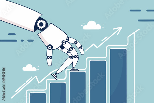 Rise of AI artificial intelligence, innovation technology to develop growth, success or progress, automation or AI for marketing and financial business concept, robot hand walk up growth graph.