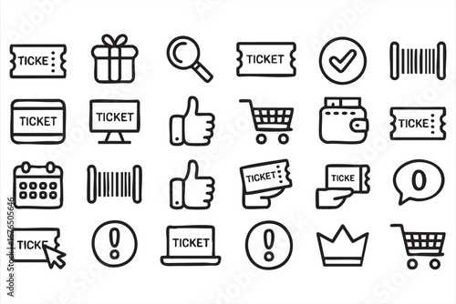 Vector Ticket Booking Icons Set with Shopping Cart, Wallet, and Barcode Symbols