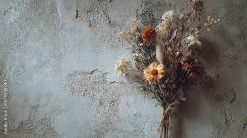 Rustic dried flower bouquet on a faded textured wall with space for copy  