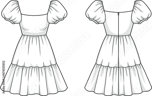 Elegant White Puff Sleeve Dress with Tiered Skirt and Zipper Back Design for Fashion Illustration or Clothing Sketch
