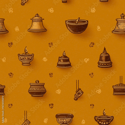 Minimal seamless icon-style pattern of puja thali items
