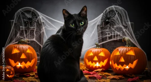 Obraz Black Cat with Green Eyes Halloween Portrait