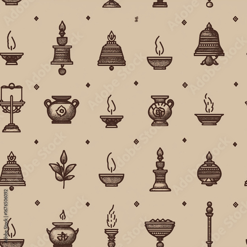Minimal seamless icon-style pattern of puja thali items
