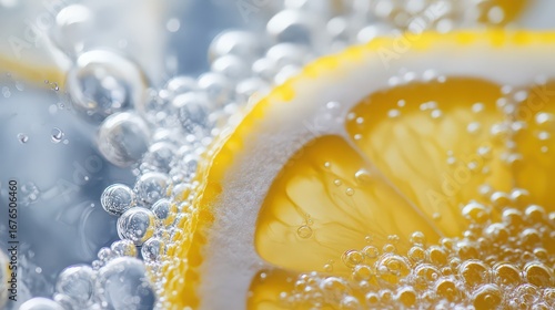 A refreshing lemon slice with bubbles in sparkling water for a cool drink