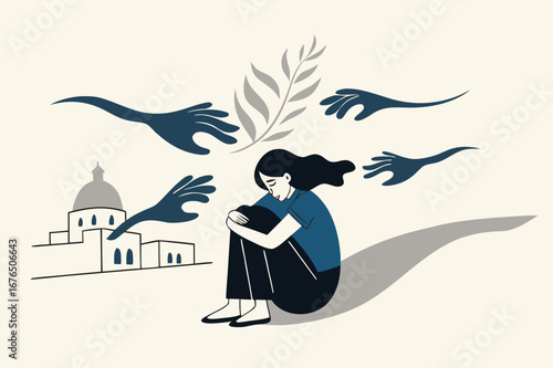 Woman abuse victim, violence or sexual harassment fear, depression or anxiety problem, social bullying or marriage suffering concept, solitude depressed woman victim sitting with abusive hands. 