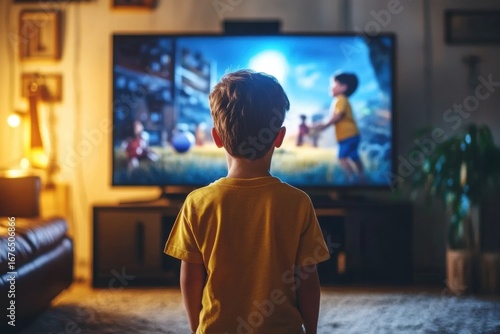 Young Boy Watching TV in Modern Living Room with Vibrant Back view of small child