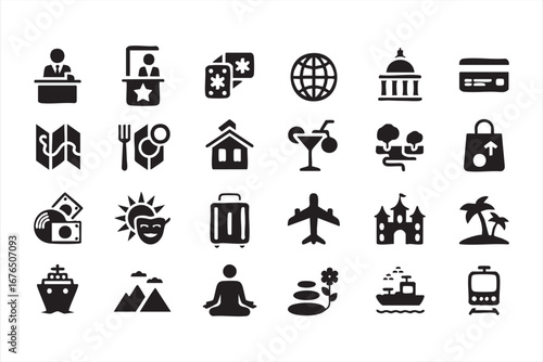 Adventure and Vacation Icon Collection with Globe, Passport, and Luggage Vectors