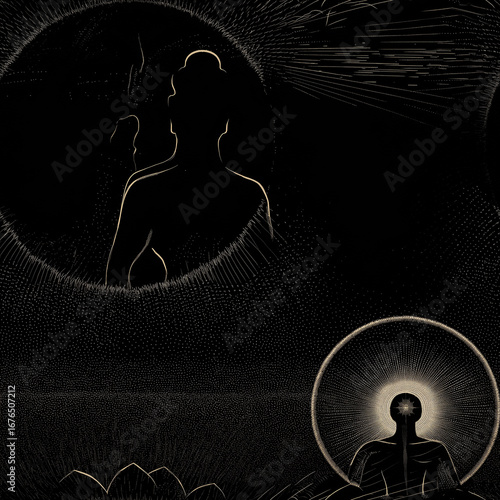 Minimal seamless line art of meditating figure inside circle