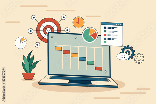Project management, planning for software development, resources and budget planning, project schedule diagram, Gantt chart for work deadline concept, computer laptop with project management software.