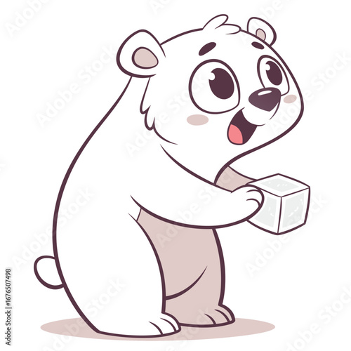 Adorable cartoon polar bear cub with wide eyes holding a translucent ice cube baby animal arctic