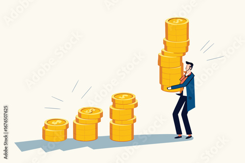 Compound interest effect, high return investment stock market or growth and prosperity economic concept, businessman investor holding high stack of dollar money coins to put as growth compound graph.