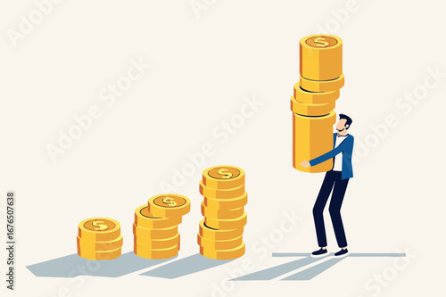 Compound interest effect, high return investment stock market or growth and prosperity economic concept, businessman investor holding high stack of dollar money coins to put as growth compound graph.
