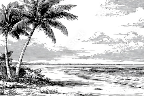 Tropical beach scene with palm trees, drawn in black and white.