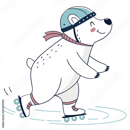 Cartoon polar bear wearing a helmet and scarf roller skating with motion lines arctic