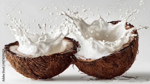 A halved coconut with a dramatic splash of its refreshing white milk, showcasing a vibrant contrast of textures and colors against a neutral background.