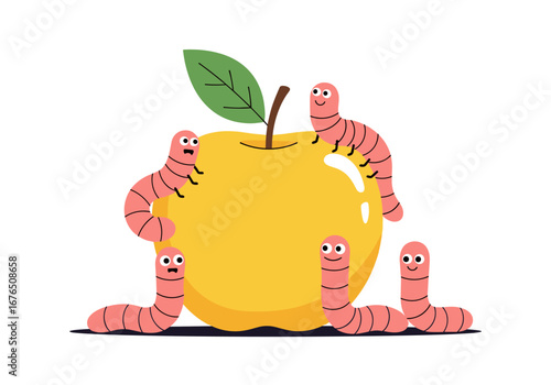 Adorable pink worms enthusiastically surround a bright yellow apple with a green leaf and stem