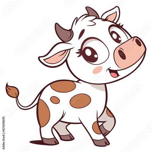 Cute cartoon brown spotted baby cow standing on white background calf animal