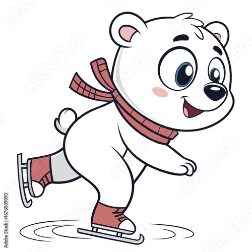 Cute cartoon polar bear ice skating with a red scarf and skates winter sport