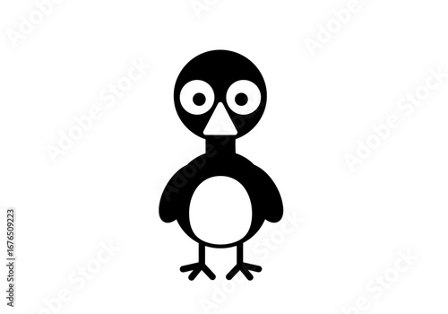 Adorable simple cartoon penguin character standing proudly with wide eyes and a small beak on a white background