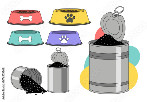 Dog food bowls and cans filled with kibble ready for pets nourishment and healthy eating habits