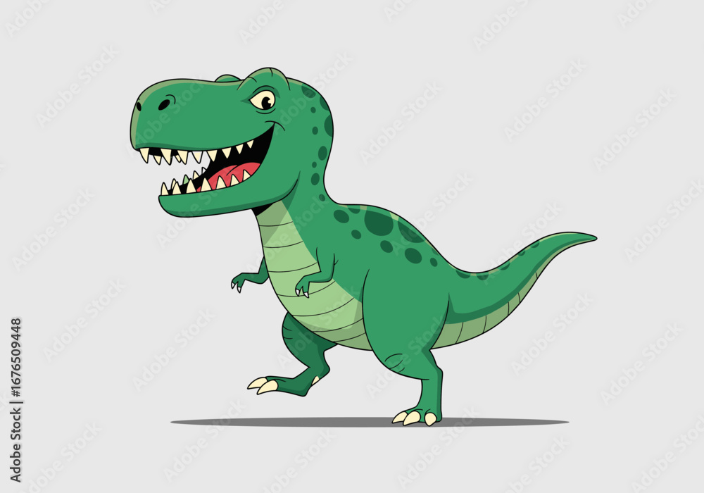 Fototapeta premium A happy cartoon tyrannosaurus rex dinosaur with sharp teeth and green skin is walking happily