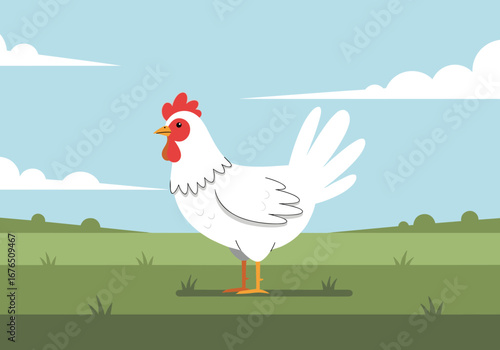 A beautiful white chicken standing gracefully in a green field under a blue sky