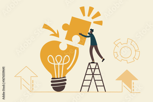 
Solve business problem with creativity, finishing or complete brilliant idea, work solution or business idea concept, smart businessman assemble last piece of jigsaw to complete lightbulb idea puzzle