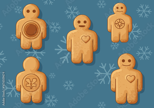 Five gingerbread men decorated with various symbols for festive holiday celebration