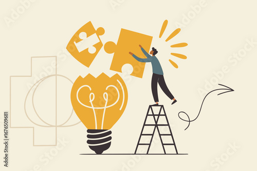 
Solve business problem with creativity, finishing or complete brilliant idea, work solution or business idea concept, smart businessman assemble last piece of jigsaw to complete lightbulb idea puzzle