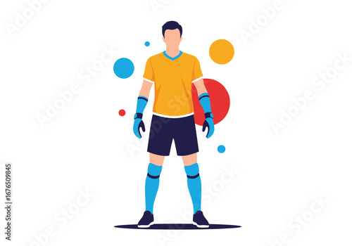 Soccer goalkeeper ready for action standing in field with colorful bubbles background