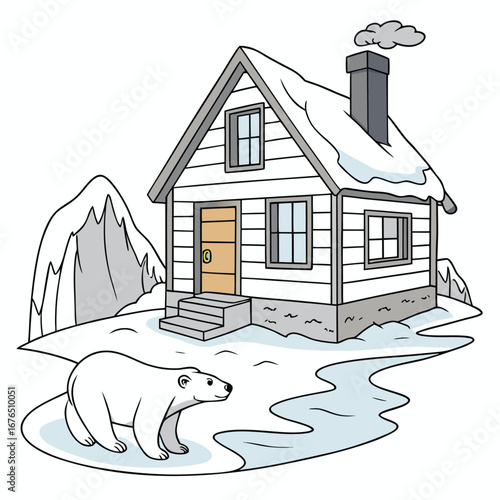 Polar bear standing near a snow-covered cabin and icy landscape house winter