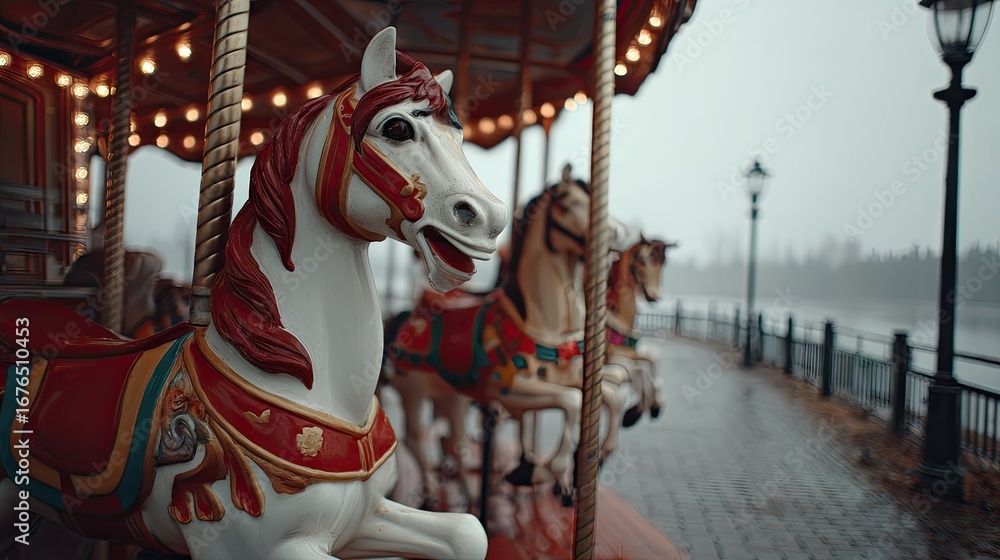 Carousel horses in a rainy park setting. Carousel horses in a rainy park setting.