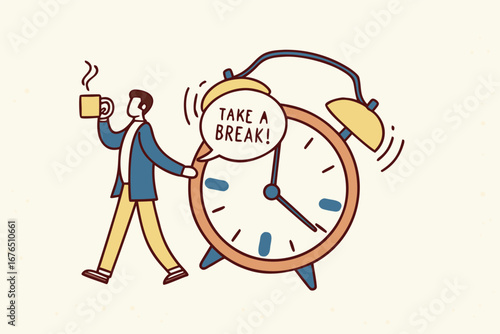 Time to take a break, coffee break time to relax and refresh from long stress interval, free from bored, sleepy and fatigue concept, relax businessman with a cup of coffee or tea with alarm clock. 