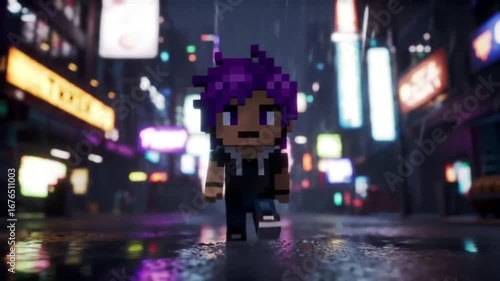 Wallpaper Mural Blocky figure walks a neonlit rainy street Torontodigital.ca