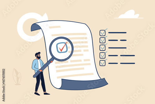 Inspect or review document, report or legal audit, quality assurance, search for document, information or research, investigate, proof or checking concept, businessman with magnifier inspect document.