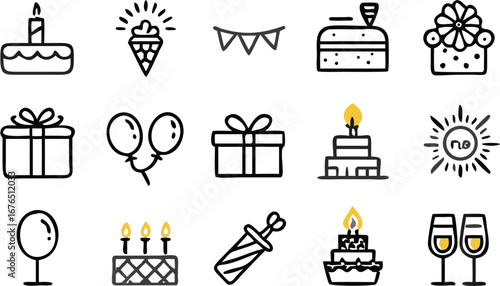 Vector illustration of birthday party elements featuring cakes gifts balloons and champagne glasses in black and white