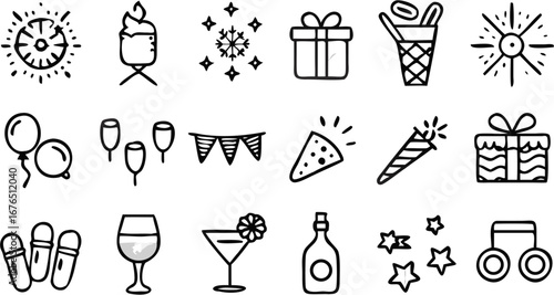 Vector illustration of party elements including gifts balloons drinks and decorations in a doodle style design