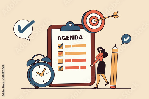 Meeting agenda, priority important task for discussion, objective or purpose to finish, planner or checklist for office work concept, smart business woman hold pencil write meeting agenda with clock.