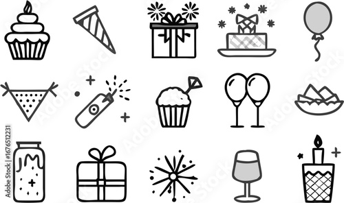 Vector collection of party and celebration themed icons including gifts, cupcakes, balloons and party favors