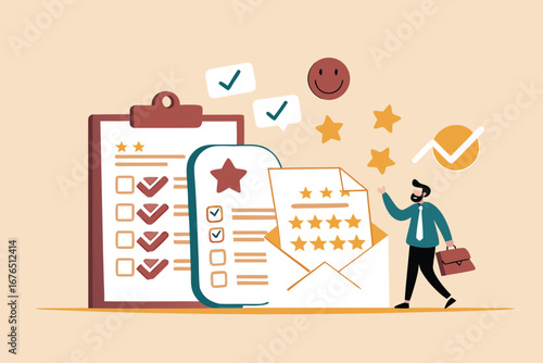 
Customer survey, feedback to improve service, online and offline survey, review or poll rating, user satisfaction report or questionnaire concept, man with survey on clipboard paper, mobile and email