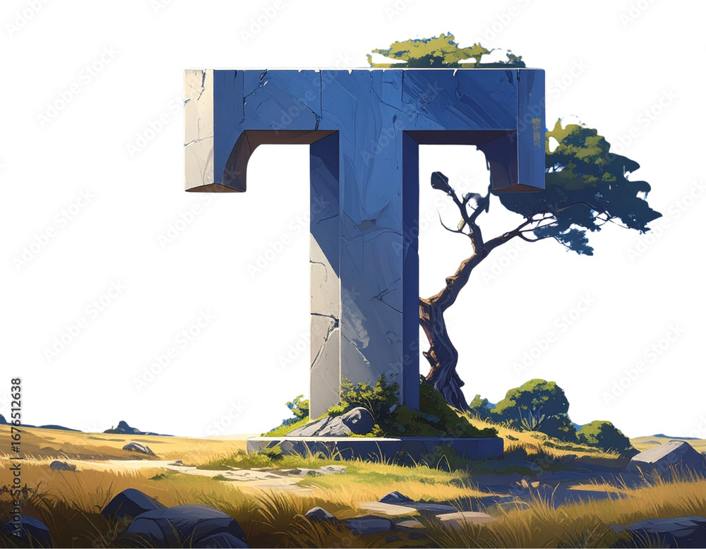 Obraz premium Abstract architectural letter t structure with overgrown plants and natural landscape elements isolated on transparent background