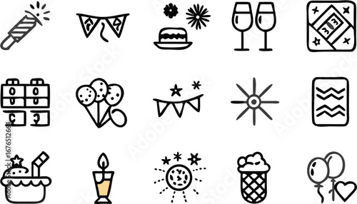 Vector illustration showcasing celebratory icons including sparklers, cake, balloons, and decorative bunting designs