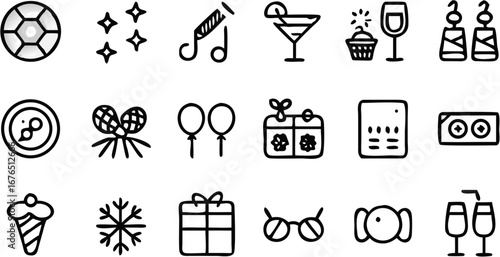 Vector illustration featuring party elements including a disco ball sparkles party blower and various drinks and sweets